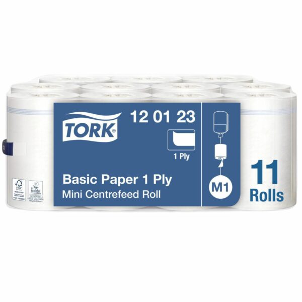 Håndklæderulle Tork Basic M1 mini 1-lag Ecolabel/FSC 120 m uden Hylse